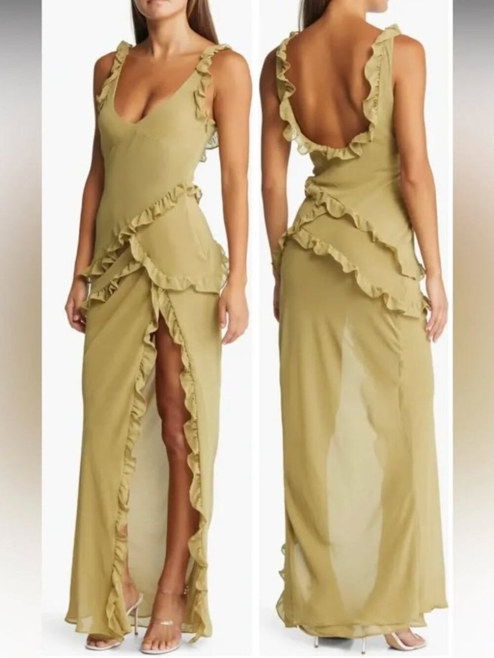House of CB, Pixie Olive Ruffle Maxi Dress, Size M - Picture 1 of 3